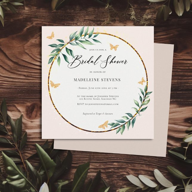 Rustic Botanical Foliage Gold Butterflies Bridal Invitation (rustic simple botanical foliage butterflies bridal shower invitation elegant country barn simple)