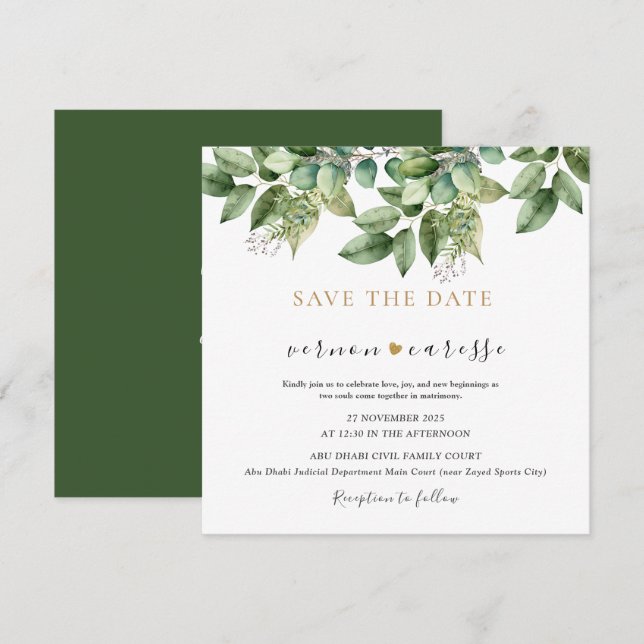 Rustic Botanical Green & Gold Foliage Wedding 1 Save The Date (Front/Back)