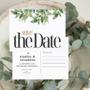 Rustic Botanical Green & Gold Foliage Wedding Announcement Postcard