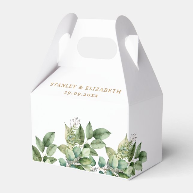 Rustic Botanical Green & Gold Foliage Wedding Favour Box (Front Side)