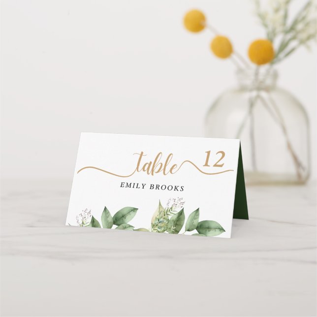 Rustic Botanical Green & Gold Foliage Wedding Place Card (Front)