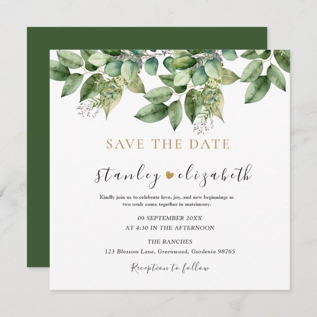 Rustic Botanical Green & Gold Foliage Wedding Save The Date (Front/Back)