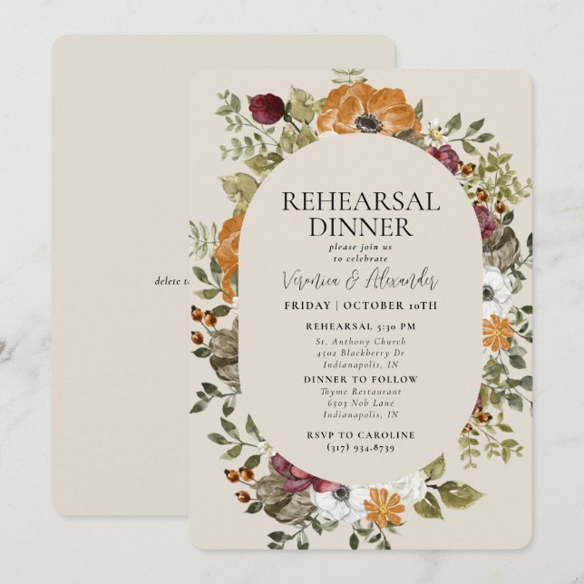 Rustic Botanical Green Ivory  Rehearsal Dinner Invitation (Front/Back)
