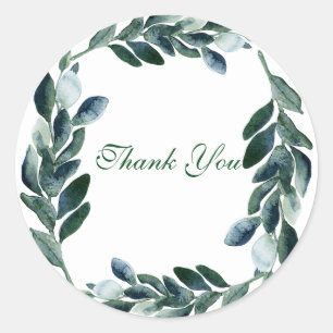 Rustic Botanical Green Watercolor Leaves Thank You Classic Round Sticker