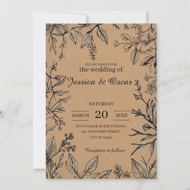 Rustic Botanical Kraft Paper Foliage Wedding Invitation (Front)