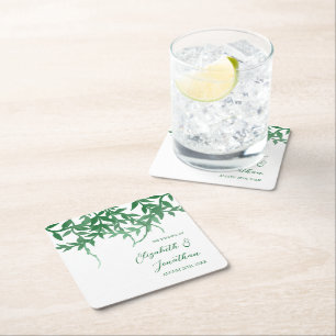 Rustic Botanical Leaves Wedding Square Paper Coaster