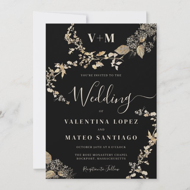 Rustic Botanical Monogram Black Wedding Invitation (Front)