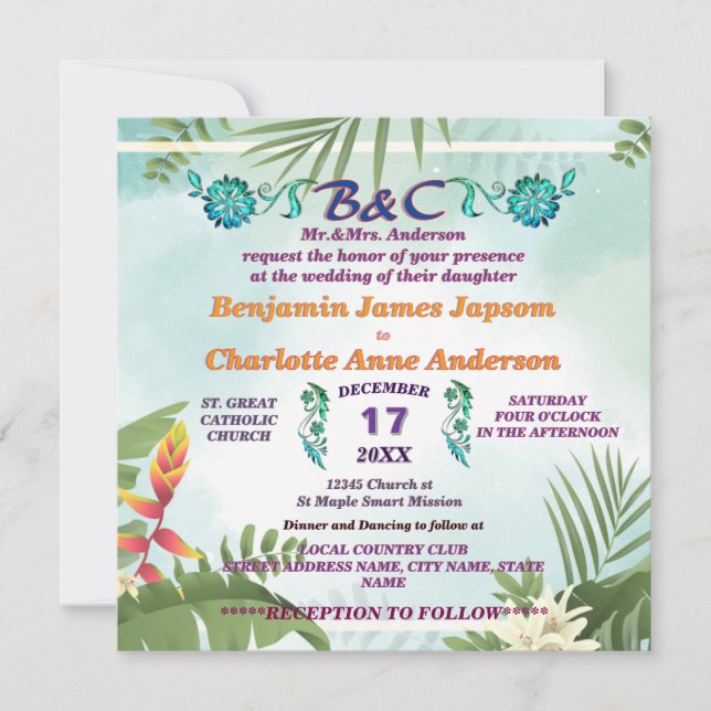 Rustic Botanical Monogram Customised Wedding  Invitation (Front)