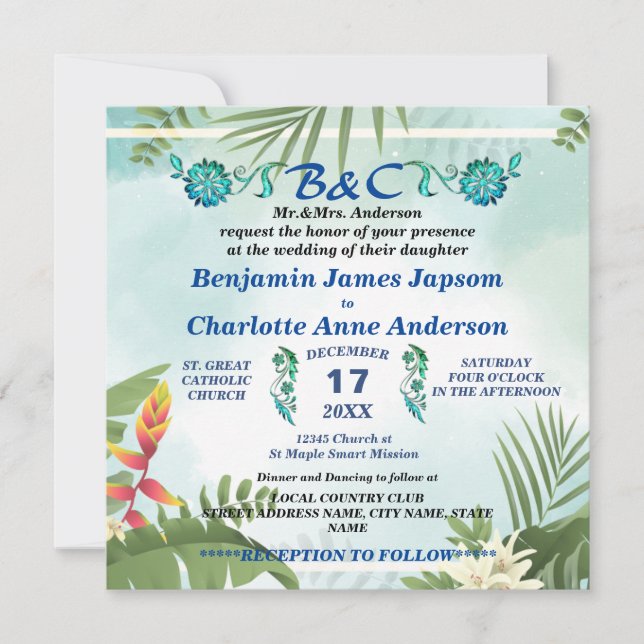 Rustic Botanical Monogram Customised Wedding  Invitation (Front)