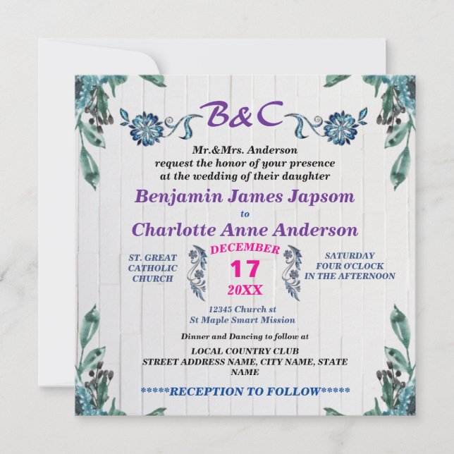 Rustic Botanical Monogram Customised Wedding Invitation (Front)