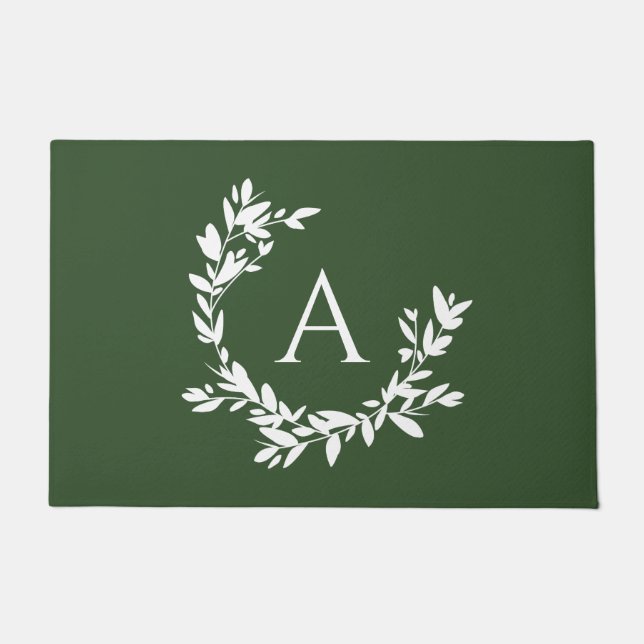 Rustic Botanical Monogram Initial Forest Green Doo Doormat (Front)