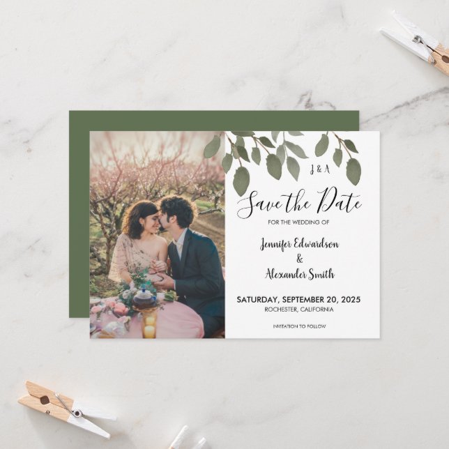 Rustic botanical monogram photo Save the Date Invitation (Front/Back In Situ)