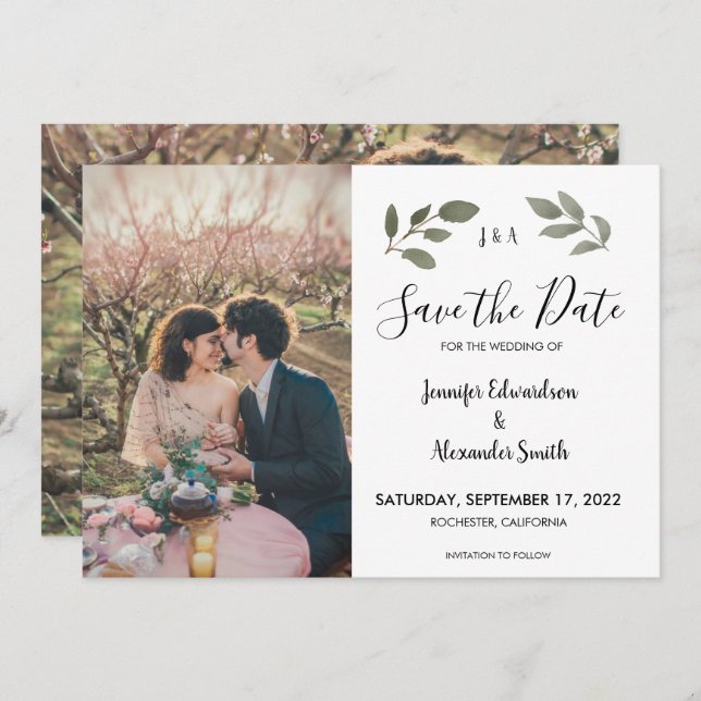 Rustic botanical monogram photo Save the Date Invitation (Front/Back)