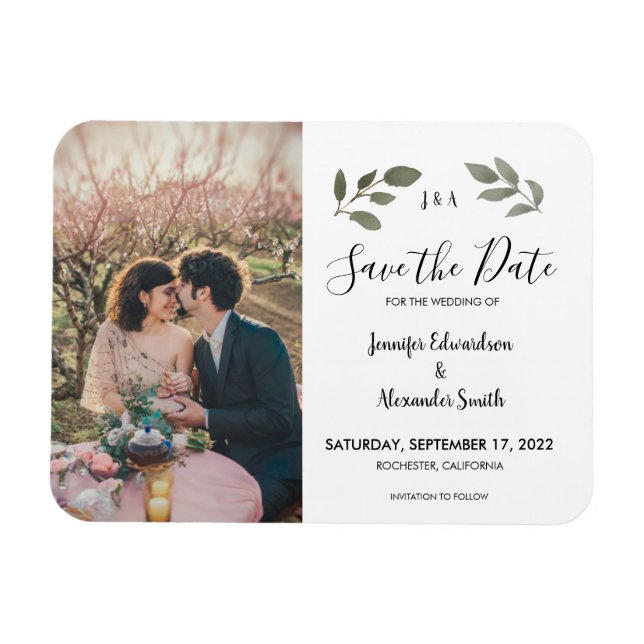 Rustic botanical monogram photo Save the Date Magnet (Horizontal)