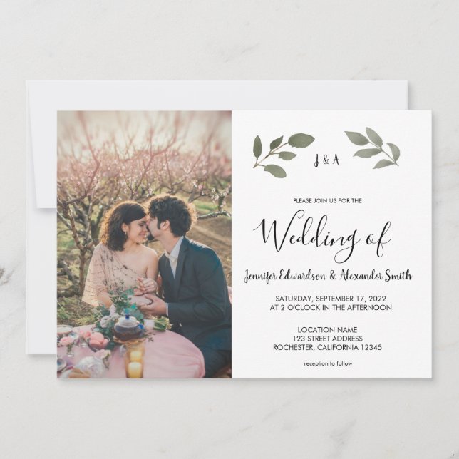 Rustic botanical monogrammed photo Wedding Invitation (Front)