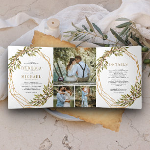 Rustic Botanical Olive Branch Gold Frame Wedding Tri-Fold Invitation
