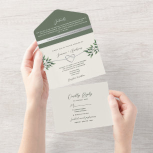 Rustic Botanical Olive Green Wedding All In One Invitation