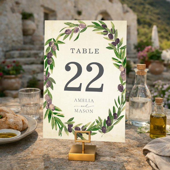 Rustic Botanical Olive Wreath Table Number Card (Rustic Botanical Olive Branch Wreath Table Number Card)