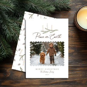 Rustic Botanical Peace on Earth Script Photo Holiday Card