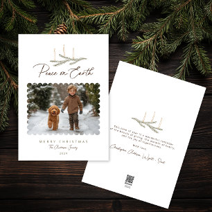 Rustic Botanical Peace on Earth Script Photo Holiday Card
