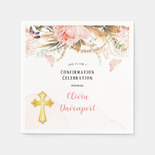 Rustic Botanical Peony Butterfly Confirmation Napkin