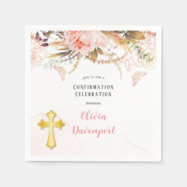 Rustic Botanical Peony Butterfly Confirmation Napkin (Front)