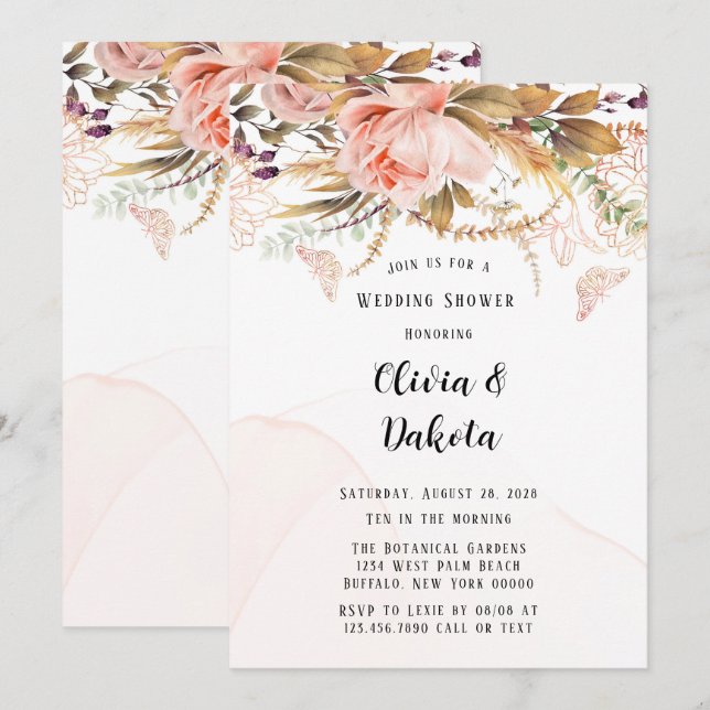 Rustic Botanical Peony Butterfly Wedding Shower Invitation (Front/Back)