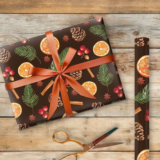 Rustic Botanical Pinecones Pine Orange Pattern Wrapping Paper (Creator Uploaded)