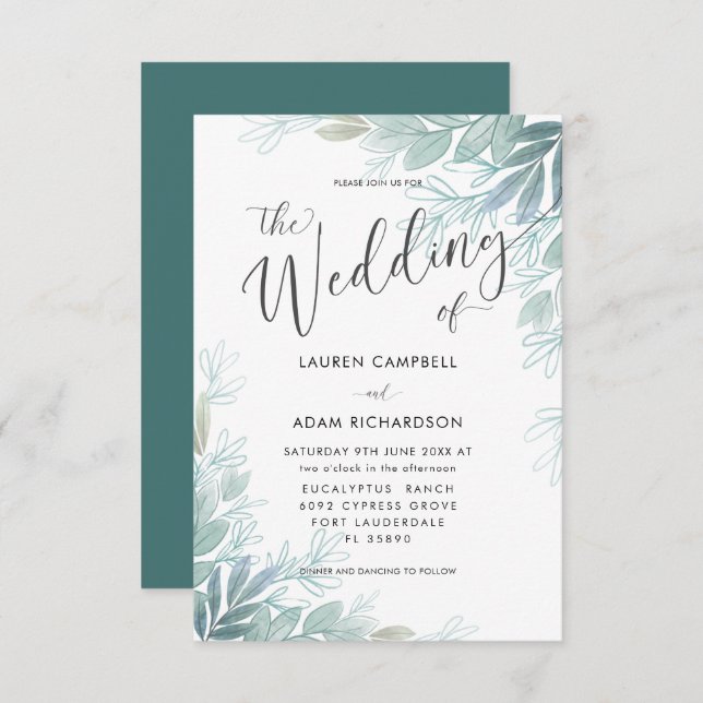 Rustic Botanical Sage Green & Teal  Wedding  Invit Invitation (Front/Back)