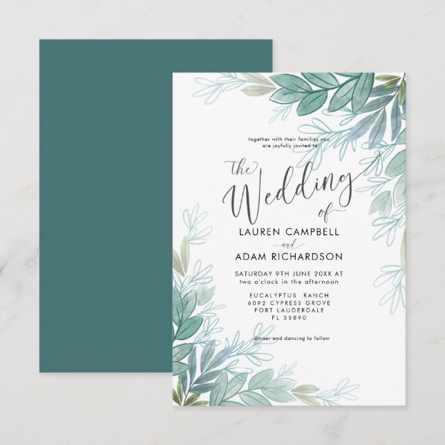 Rustic Botanical Sage Green & Teal  Wedding  Invitation (Front/Back)