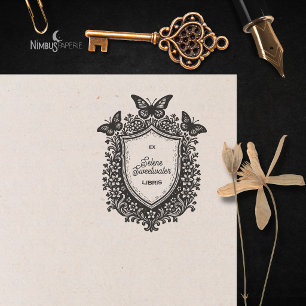 Rustic Botanical Shield Ex Libris Bookplate Stamp