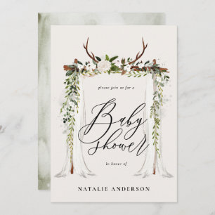 Rustic botanical stag gender neutral baby shower save the date