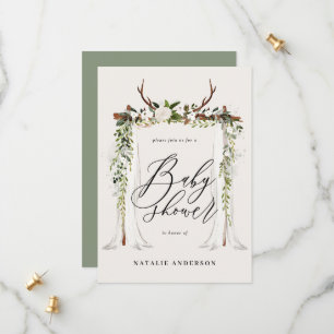 Rustic botanical stag gender neutral baby shower save the date