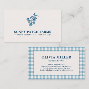 Rustic Botanical Tomato Plaid Farmers Market Blue Business Card
