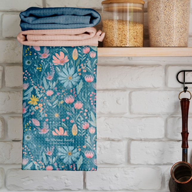 Rustic botanical watercolor flowers family name tea towel (Creator Uploaded)