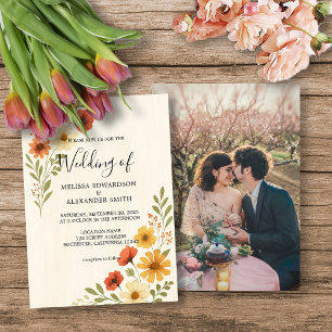 Rustic botanical watercolor flowers photo wedding invitation