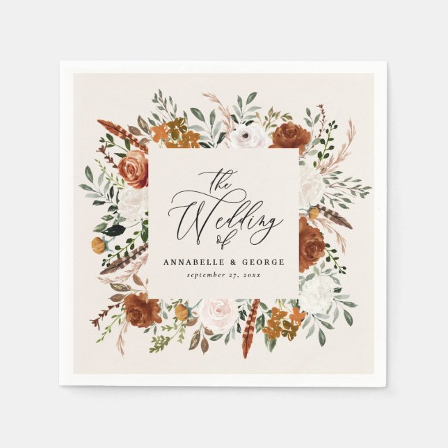 Rustic botanical wedding script terracotta napkins (Front)