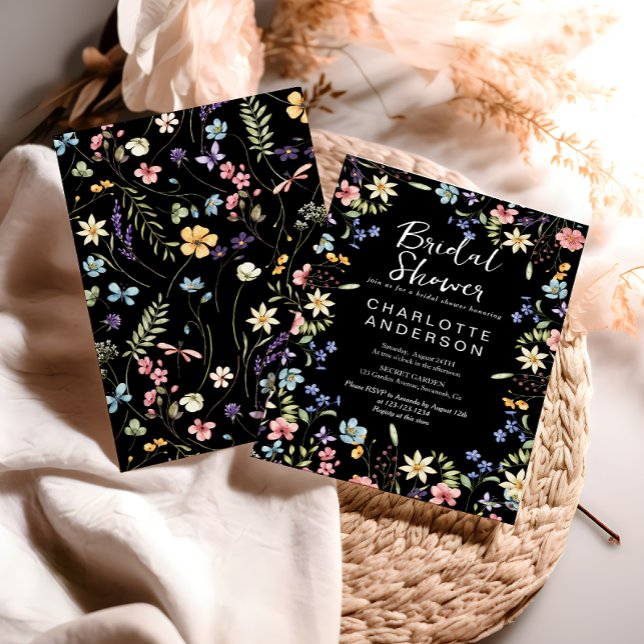 Rustic Botanical Wildflower Black Bridal Shower  Invitation (Creator Uploaded)