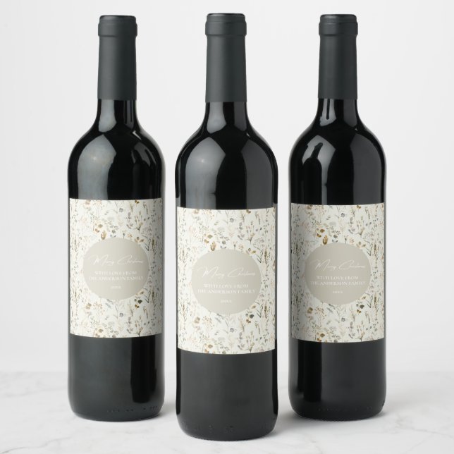 Rustic Botanical Wildflower Christmas  Wine Label (Bottles)