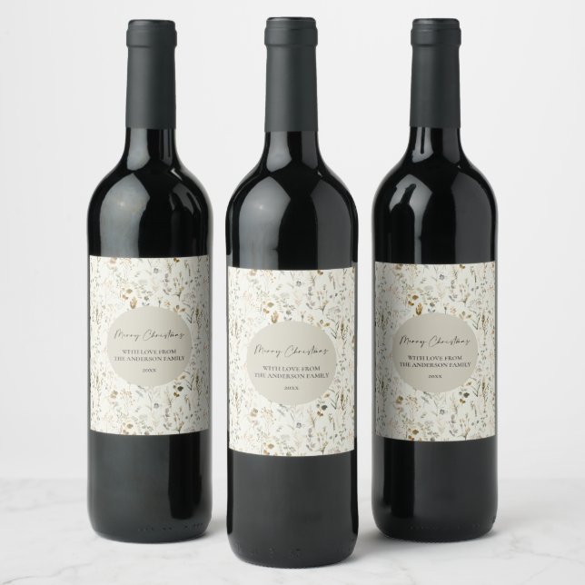 Rustic Botanical Wildflower Christmas  Wine Label (Bottles)
