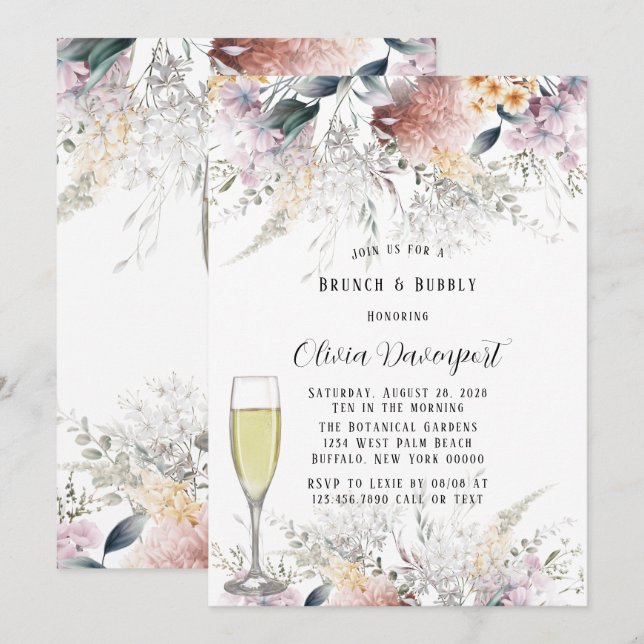 Rustic Botanical Wildflowers Brunch & Bubbly Invitation (Front/Back)