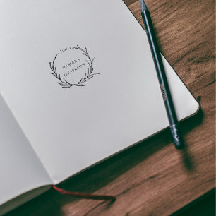 Rustic Botanical Wreath Custom Name Ex Libris Book Rubber Stamp