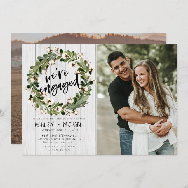 Rustic Botanical Wreath Script 2 Photo Engagement Invitation (Front/Back)