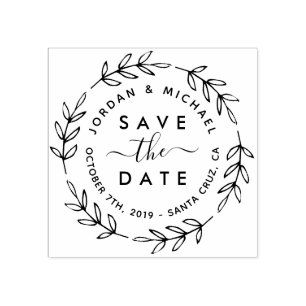 Rustic Botanical Wreath & Script Save The Date Rubber Stamp