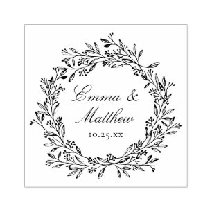 Rustic Botanical Wreath Wedding Logo Monogram Rubber Stamp