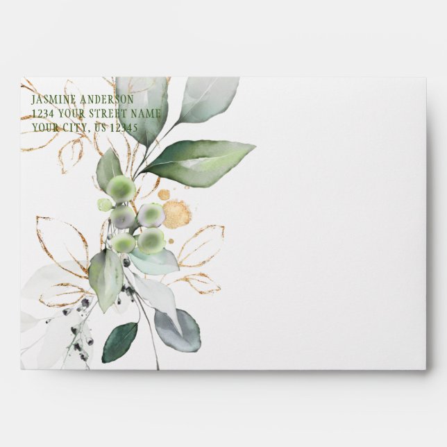 Rustic Botanicals Green & Gold Leaves Wedding Envelope (Front)