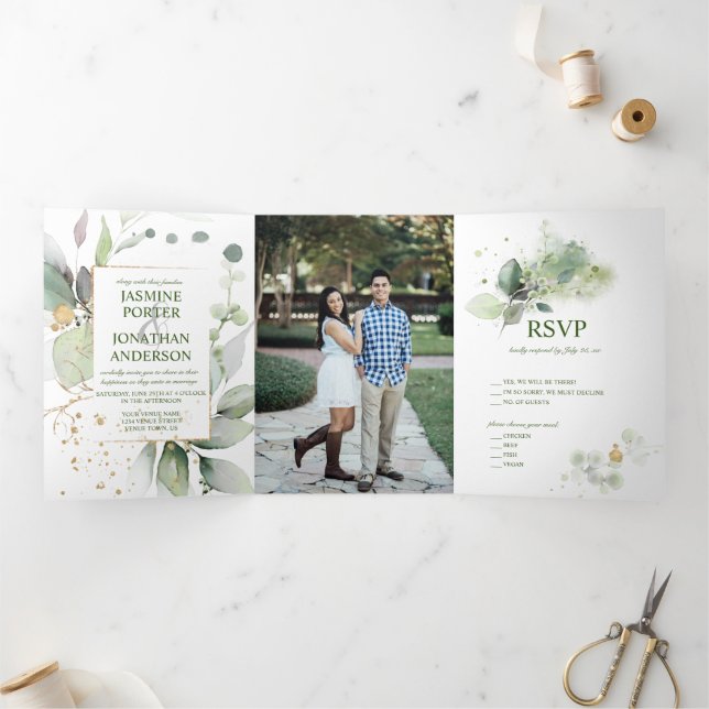 Rustic Botanicals Greenery & Gold Photo Wedding Tri-Fold Invitation (Inside)