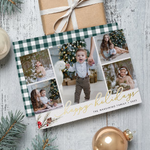 Rustic Bough   Happy Holidays Photo Collage Foil Holiday Card