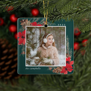 Rustic Bough   Holiday Photo Ceramic Ornament