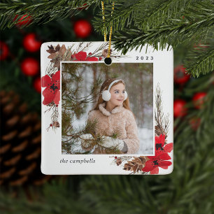 Rustic Bough Holiday Photo Ceramic Ornament
